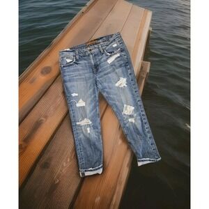 Joe's Jeans Women's 27 Boyfriend Slim Crop Medium Wash Blue Distressed Denim